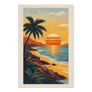 Lebendige tropische Synthwave-Sonnenuntergang Retr Poster