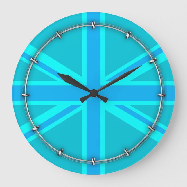 Lebendige türkisfarbene britische Flagge Große Wanduhr (Vorderseite)