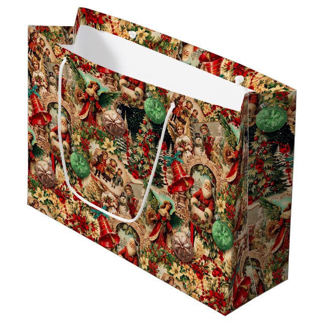 Lebendige viktorianische Weihnachtscollage Große Geschenktüte (Vorderseite Schrägansicht)