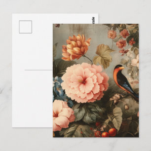 Lebendige Vintage-Blumen- und Vogel-Szene Postkarte