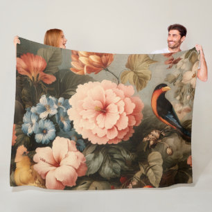 Lebendige Vintage-Blumen- und Vogelszene Fleecedecke