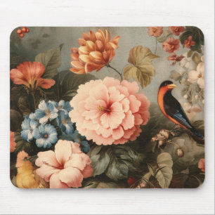 Lebendige Vintage-Blumen- und Vogelszene Mousepad