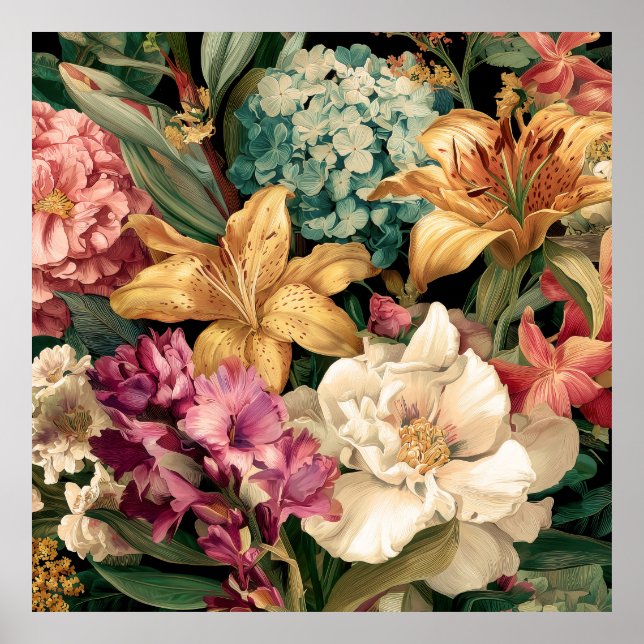 Lebendige Vintage-Blumenarrangement Poster (Vorne)