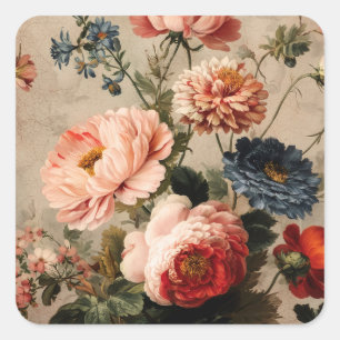 Lebendige Vintage-Blumenarrangement Quadratischer Aufkleber