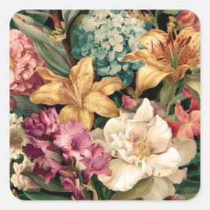 Lebendige Vintage-Blumenarrangement Quadratischer Aufkleber