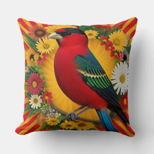 Lebendige Vogelillustration mit floralem Mandala Kissen