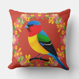 Lebendige Vogelillustration mit floralem Mandala Kissen