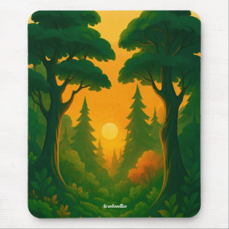 Lebendige Waldillustration bei Sonnenuntergang Mousepad