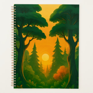 Lebendige Waldillustration bei Sonnenuntergang Planer