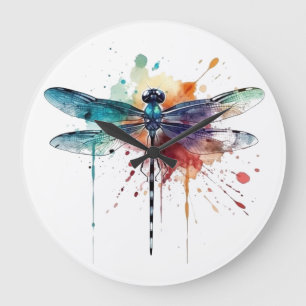 Lebendige Wasserfarbendragonfly Große Wanduhr