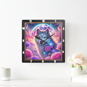 Lebendige Wolf Neon Moon und mystische Blume Quadratische Wanduhr