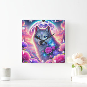 Lebendige Wolf Neon Moon und mystische Blume Quadratische Wanduhr