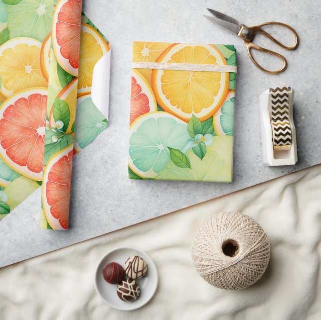 Lebendige Zitronenscheibe Wasserfarben-Wrap Geschenkpapier (Kunsthandwerk)
