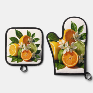 Lebendige Zitrusfrüchte Blüten Realistisch Ofenhandschuh & Topflappen-Set