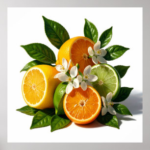 Lebendige Zitrusfrüchte Blüten Realistisch Poster