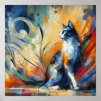 Lebendiger abstrakter Katzenwandkunst-Druck Poster