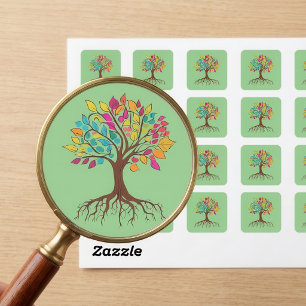 Lebendiger Baum des Lebens: Wurzeln und farbenfroh Quadratischer Aufkleber