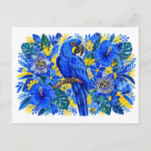 Lebendiger blauer Ara Tropische Blumen Aquarell