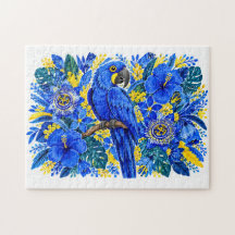 Lebendiger blauer Ara tropisches florales Aquarell