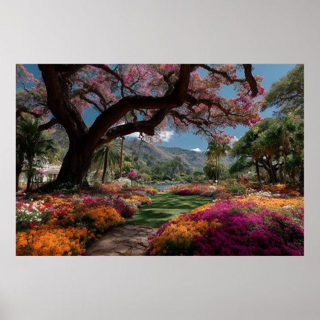 Lebendiger Blütenbaumgarten Paradiesblick Poster (Vorne)