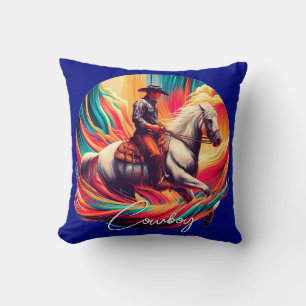 Lebendiger Cowboy und Pferd Blau Kissen