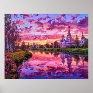 Lebendiger Farbenfroher Sonnenuntergang über lands Poster