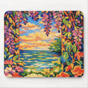 Lebendiger Floraler Ozean-Sonnenuntergang-Garten – Mousepad