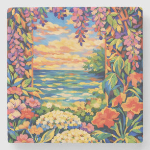 Lebendiger Floraler Ozean-Sonnenuntergang-Garten – Steinuntersetzer