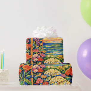Lebendiger Floraler Ozean-Sonnenuntergangs-Garten  Geschenkpapier