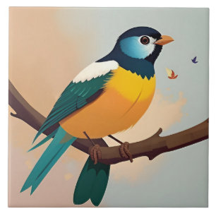 Lebendiger gelber und grüner Vogel auf einem Ast Fliese