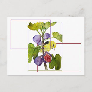 Lebendiger gelber Vogel mit violetten Feigen Aquar Postkarte