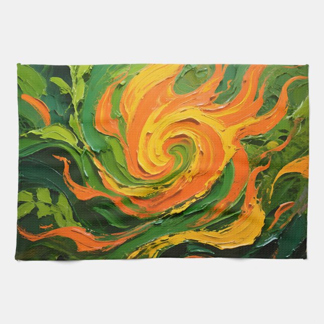 Lebendiger grüner orangefarbener Wirbel Geschirrtuch (Horizontal)