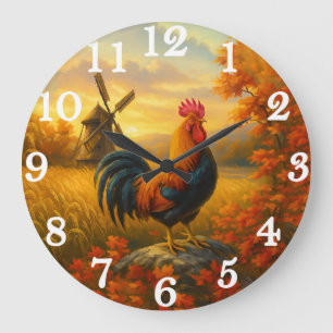 Lebendiger Hahn in goldener Ernte Große Wanduhr