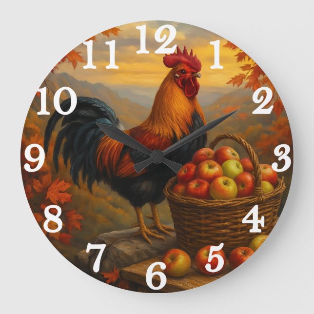 Lebendiger Hahn mit Äpfeln Bauernhof Große Wanduhr (Vorderseite)