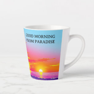 Lebendiger Insel-Sonnenuntergang Guten Morgen aus Milchtasse