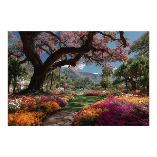 Lebendiger Kirschblütenbaumgarten Paradiesblick Fotodruck (Vorne)