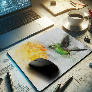 Lebendiger Kolibri und gelbe Blumen in Wasserfarbe Mousepad