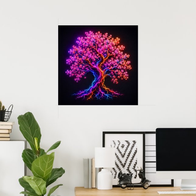 Lebendiger Neon-Kirschblütenbaum mit elektrischer  Poster (Heimbüro)