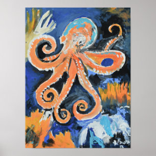 Lebendiger Oranger Oktopus-Expressionist Poster