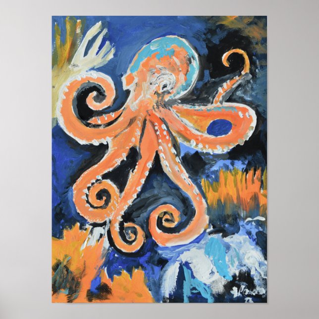 Lebendiger Oranger Oktopus-Expressionist Poster (Vorne)