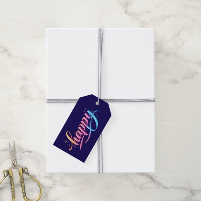 Lebendiger Pastell-Gradient HAPPY-Typografie - Mod Geschenkanhänger (Mit Garn)
