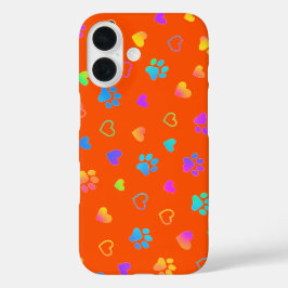 Lebendiger Regenbogen-Pfoten- und Herz Orange iPhone 16 Hülle