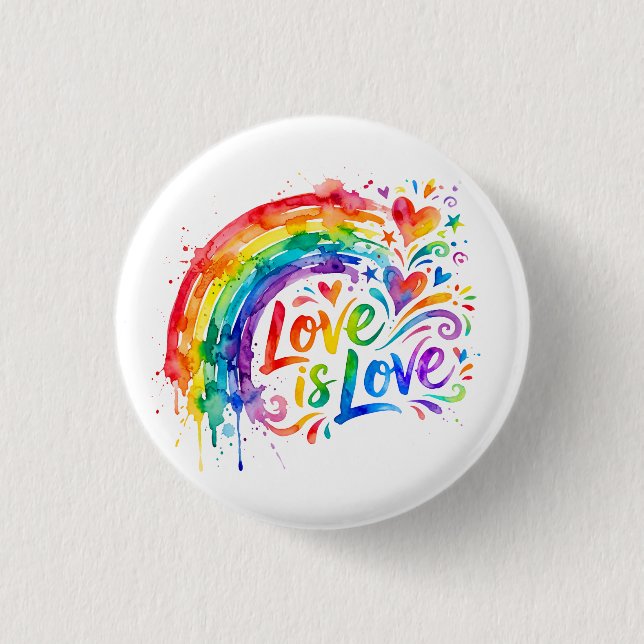 Lebendiger Regenbogen-Wasserfarbspritzer "Liebe is Button (Vorderseite)