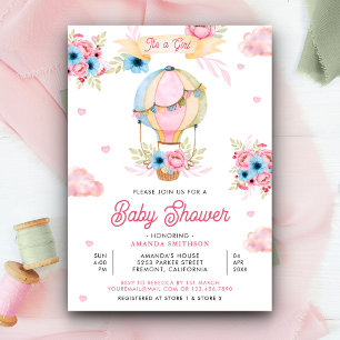 Lebendiger Rosa Floral Heißluftballon Mädchen Baby Einladung