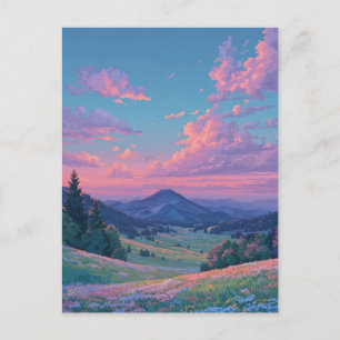Lebendiger rosa Sonnenuntergang über Bergwiese Postkarte