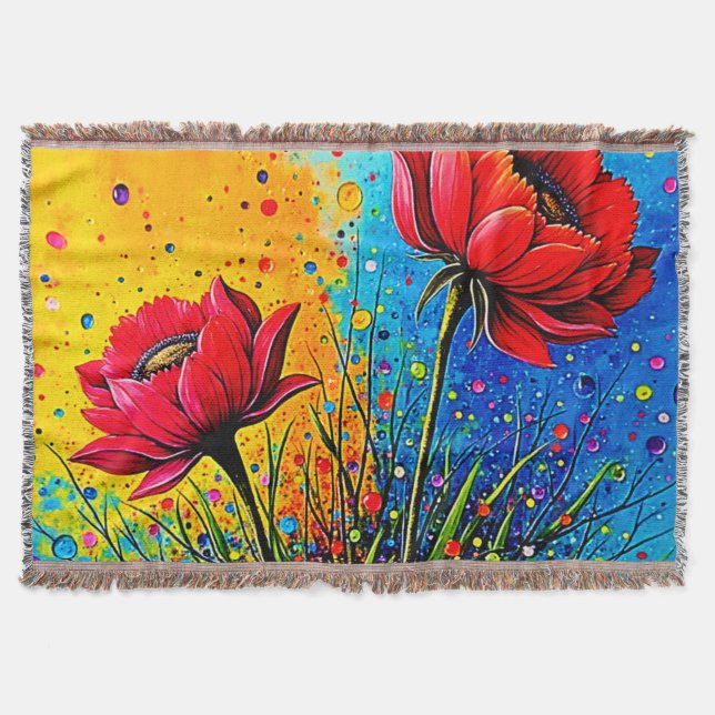 Lebendiger roter Blumen Pop Art Druck Decke (Vorderseite)