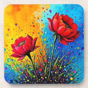 Lebendiger roter Blumen Pop Art Druck Getränkeuntersetzer