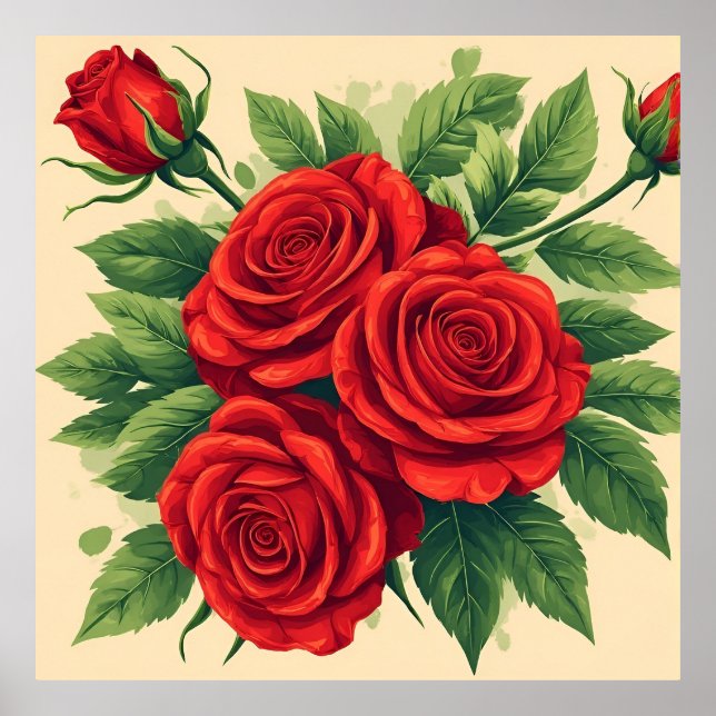 Lebendiger roter Rosenstrauß Poster (Vorne)