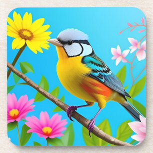 Lebendiger Singvogel auf einem blühenden Ast Getränkeuntersetzer