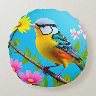 Lebendiger Singvogel auf einem blühenden Ast Rundes Kissen